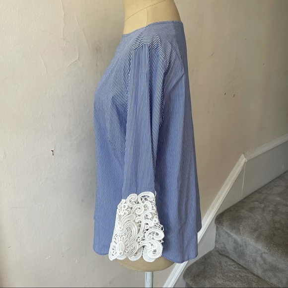 ZARA Pinstripe Crochet Lace Guipure Sleeve Blouse - Picture 5 of 10